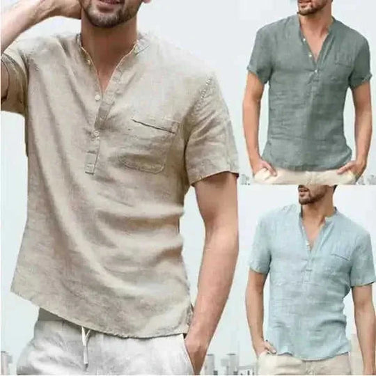 Casual Linen Solid Color Shirt Button V Neck Beach Shirt Men Summer Tops - Meifu Market