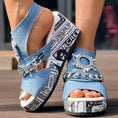 Newspaper Buckle Denim Wedge Slides - Anklet Not Included Meifu Market