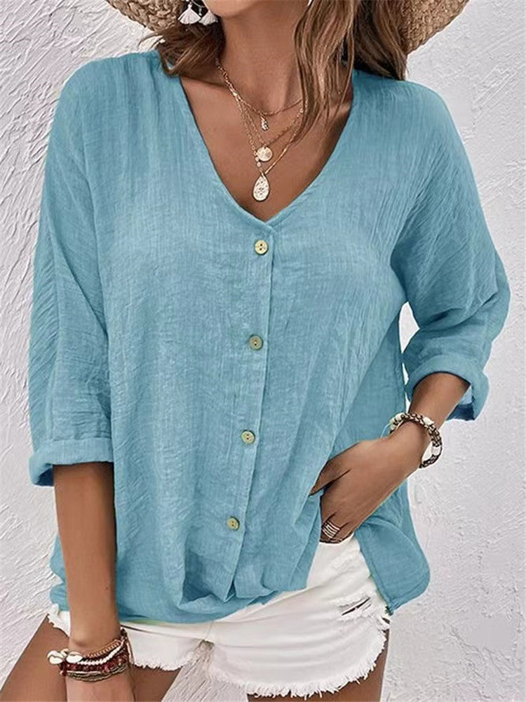 V-neck Long-sleeved T-shirt Fashion Solid Color Button Top Casual Loose Clothing For Women Meifu Market