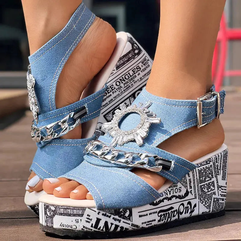 Newspaper Buckle Denim Wedge Slides - Anklet Not Included Meifu Market