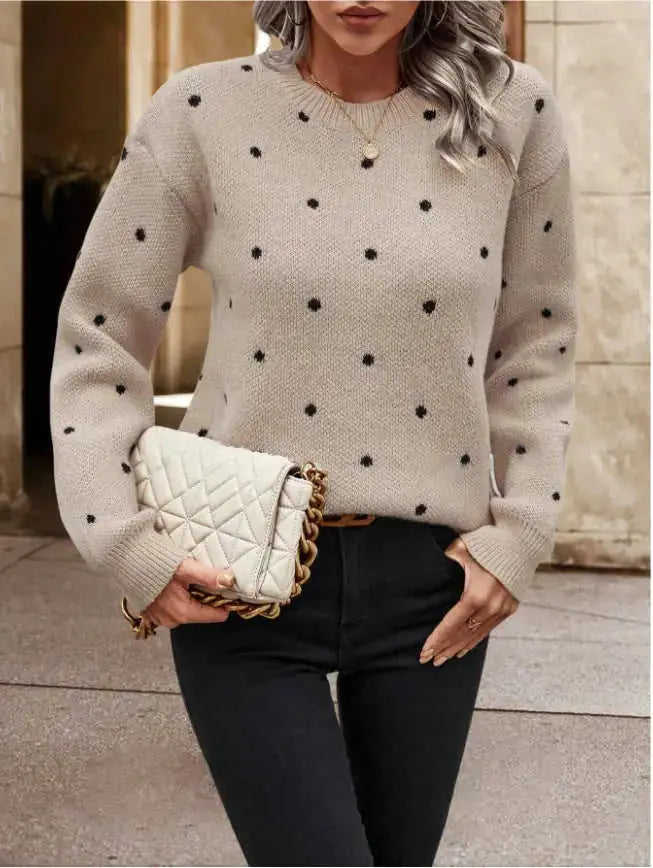 Ins Polka Dot Print Pullover Sweater Fashion Casual Long-sleeved Jacquard Knitted Top Winter Round Neck Clothing For Women Meifu Market