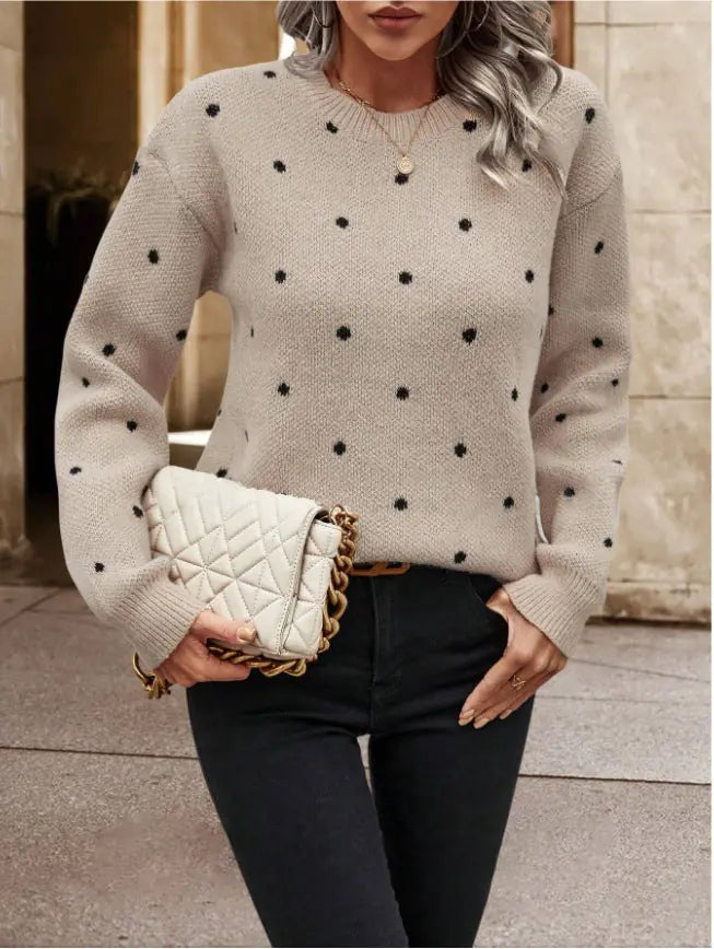 Ins Polka Dot Print Pullover Sweater Fashion Casual Long-sleeved Jacquard Knitted Top Winter Round Neck Clothing For Women Meifu Market