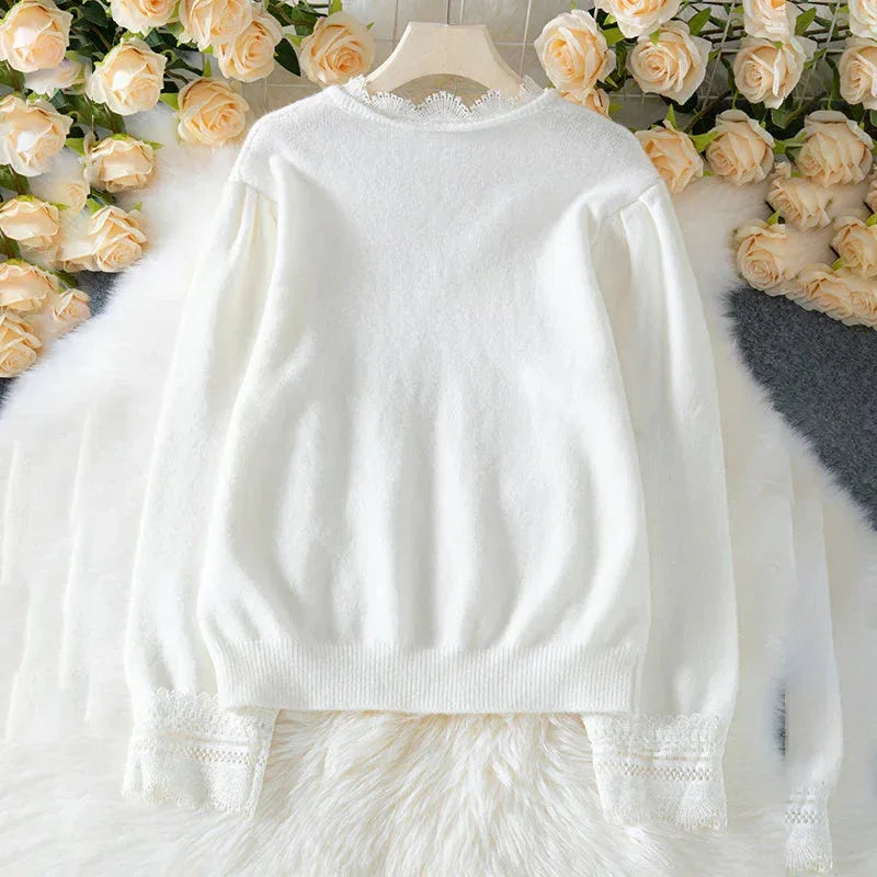 lace trim v neck sweater | long sleeve pullover top | lightweight knitwear for women | energy saving