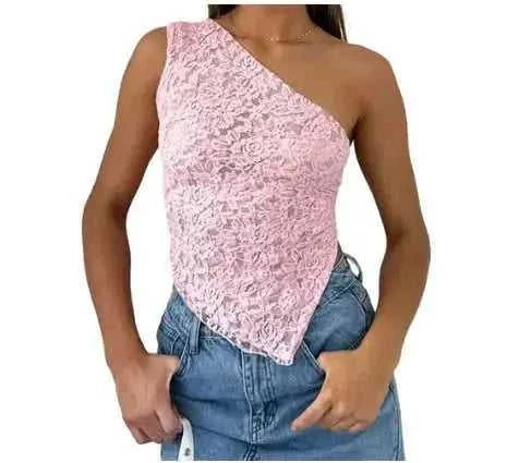 Ins Lace Backless Top Summer Solid Color Waistless Asymmetrical Sloped Neck Vest Streetwear Womens Clothes White - texture...