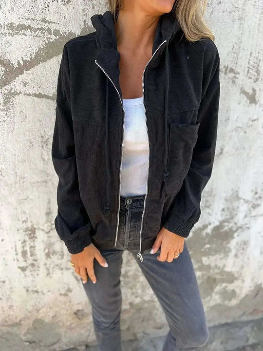 Corduroy Hooded Zip-up Jacket With Pockets Fashion Casual Drawstring Tops Outerwear Women's Clothing Meifu Market