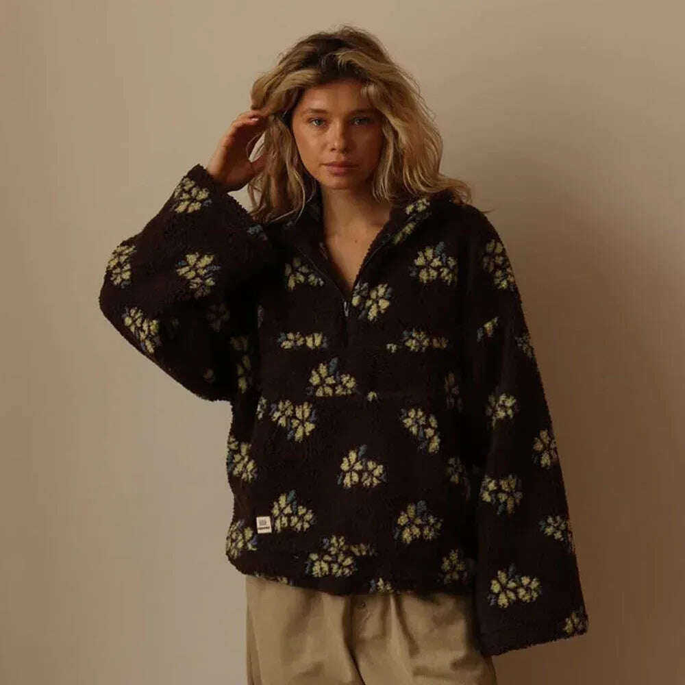 Winter Flowers Lambskin Sweatshirt With Big Pocket Casual Loose Zip-up Lapel Pullover Top Women's Clothing Meifu Market