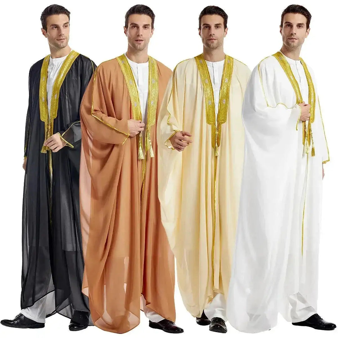 long sleeve chiffon robe | embroidered mens arabic robe | golden ball tassel details | ultrasonic cleaning