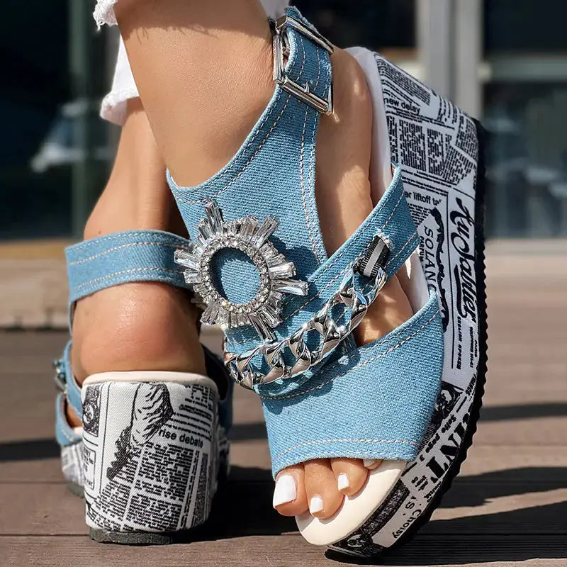 Newspaper Buckle Denim Wedge Slides - Anklet Not Included Meifu Market