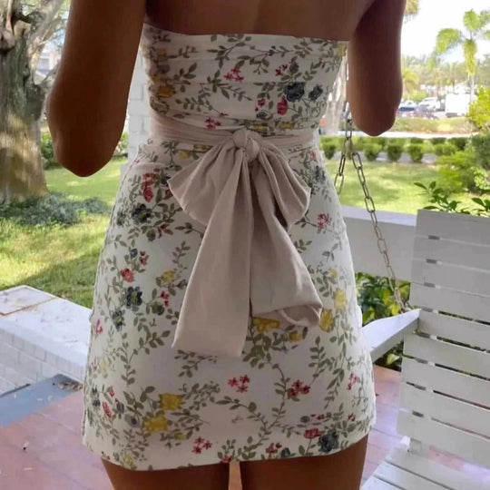 Floral Skinny Sheath Fashion Lace-up Tube Top Hot Jumpsuit Skirt S - reverse side showing construction