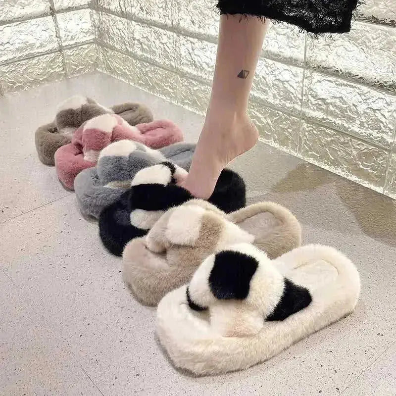 cross-strap fuzzy slippers | 5cm heel house shoes | plush indoor slippers women | ultrasonic cleaning