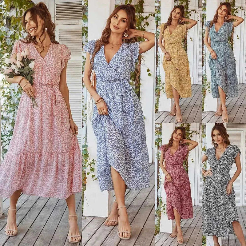 ruffle cap sleeve dress | v-neck wrap belt dress | boho floral maxi dress | ultrasonic cleaning