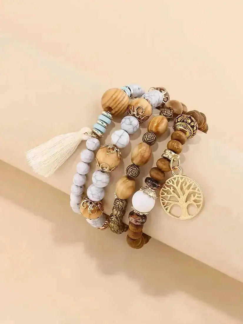 elastic bangle bracelet set | wooden beads jewelry | adjustable tree of life bracelet | ultrasonic cleaning