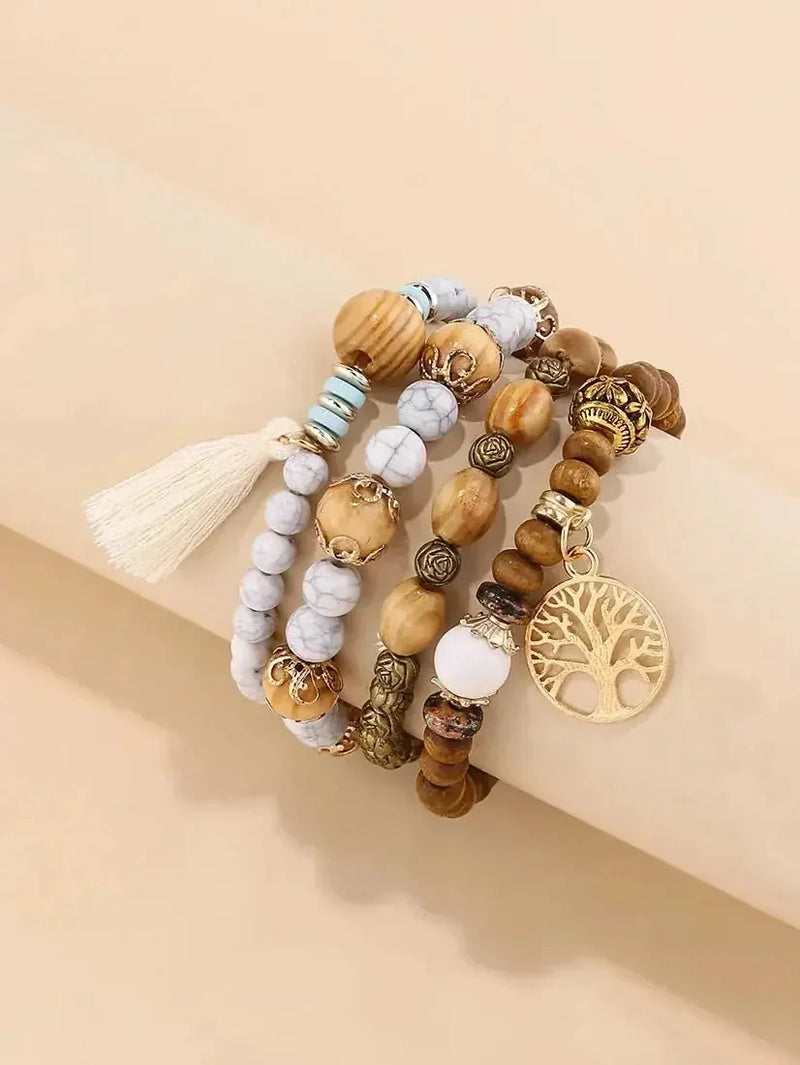 elastic bangle bracelet set | wooden beads jewelry | adjustable tree of life bracelet | ultrasonic cleaning