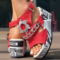 Newspaper Buckle Denim Wedge Slides - Anklet Not Included Meifu Market