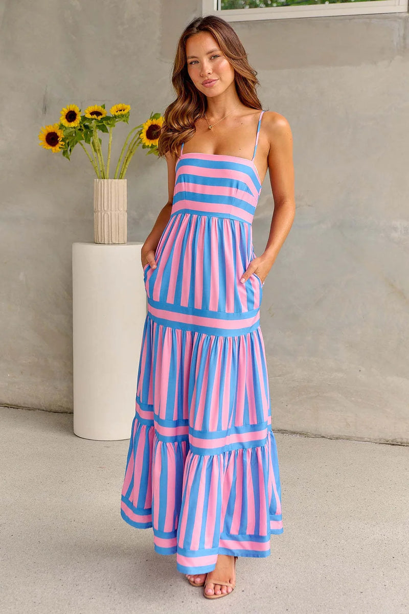 summer striped maxi dress | backless beach dress with pockets | square neck long dress | energy saving