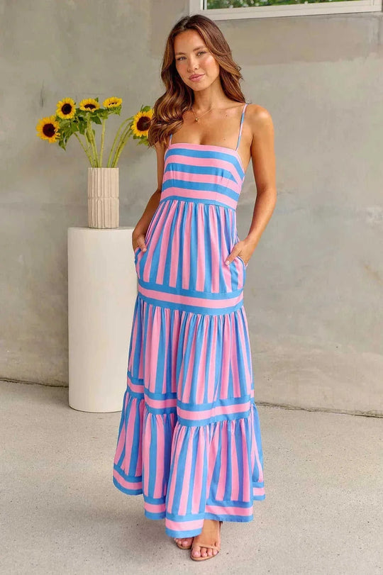striped maxi dress with pockets | square neck backless dress | lightweight cotton blend dress | ultrasonic cleaning