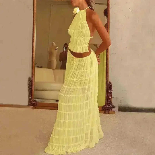2pcs Women's Dress Suit Sexy Sleeveless Backless Cropped Halter Top And Pleated Long Skirt Beach Clothing - view 12...