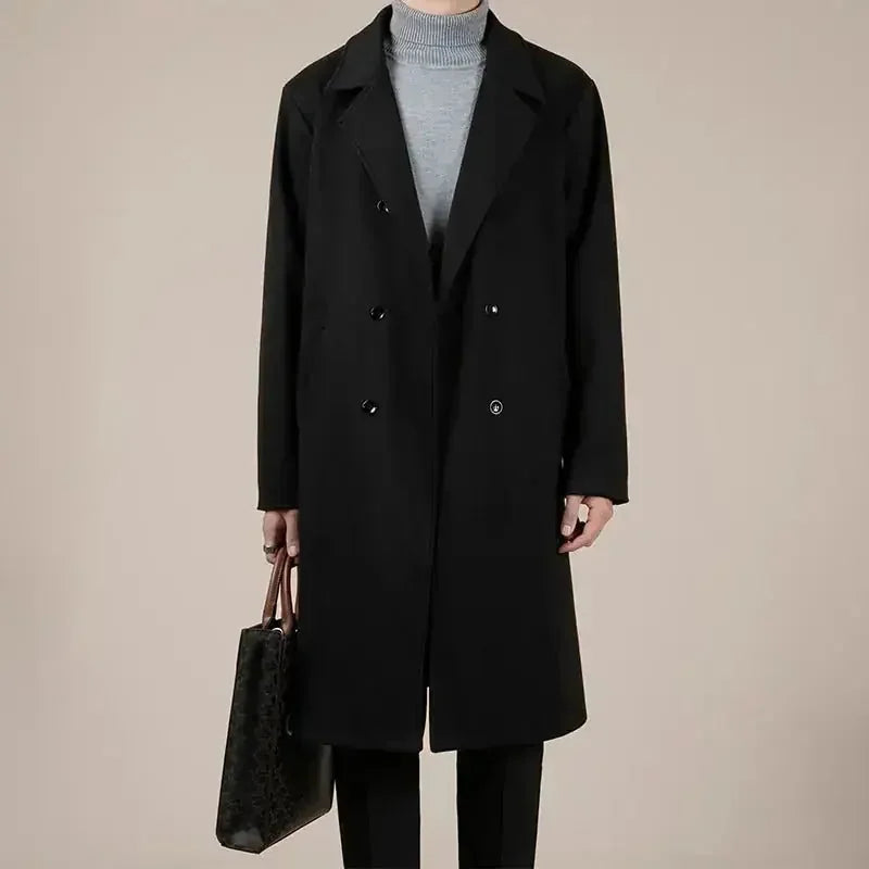 wool blend trench coat | mid-length winter coat | korean style overcoat | ultrasonic cleaning