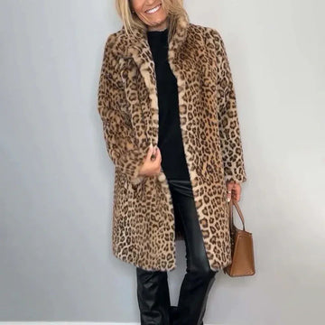 Women's Leopard Print Plush Jacket, Cozy Loose-Fit Warm Coat Elegant Medium-Length Fall Winter Outwear Meifu Market