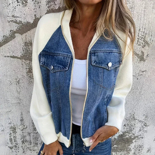 Women's Denim Patchwork Zip-Up Jacket - Stand Collar Casual Coat Fall Winter