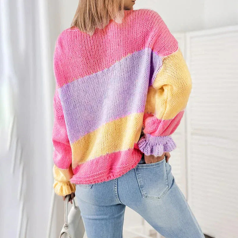 Women's Color Block V Neck Button Front Knit Cardigan Sweater Outerwear Meifu Market