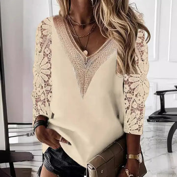 Commuter Nine-quarter Sleeve V-neck Stitching Hollow Lace Chiffon Shirt Pullover