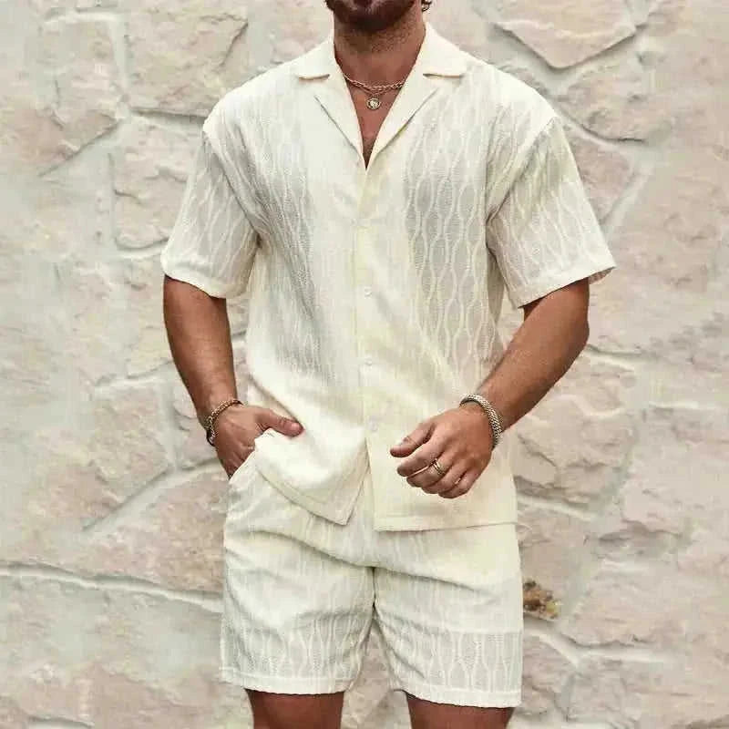 mens summer tracksuit set | loose fit casual two piece outfit | lapel button shirt and shorts set | energy saving