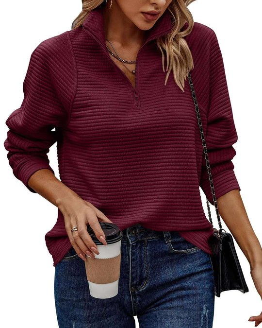 Zipper Stand Collar Pullover Sweatshirt Fashion Solid Striped Long Sleeve Top Spring And Autumn Women's Clothing Meifu Market