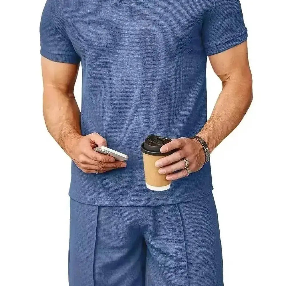 2pcs Set Men V Neck Polo Shirt Lapel Short Sleeve Men's Suit Waffle Style Casual Fashion T-Shirt Summer - view 6...