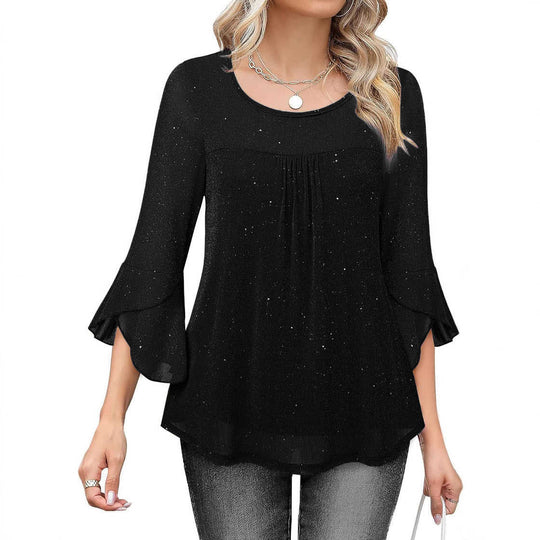 Women's Mesh Patchwork Ruched Flare-Sleeve Top - Meifu Market