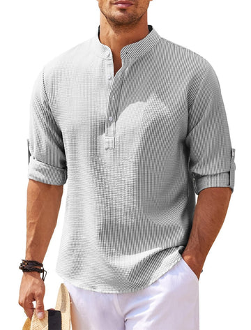 Men's Casual Shirt  Long Sleeve Stand Collar Solid Color Shirt Mens Clothing Meifu Market