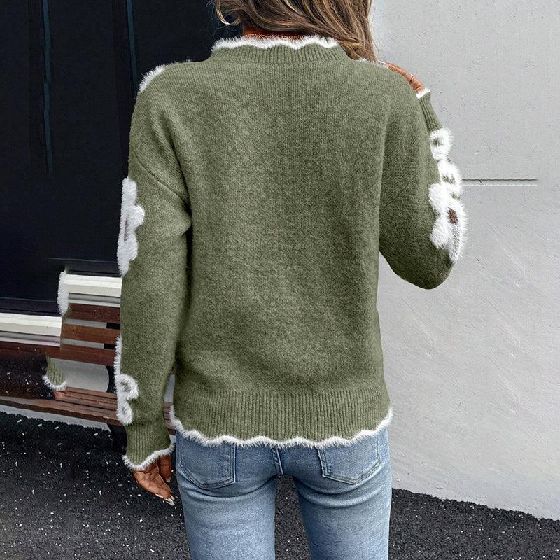 Women's Fall Floral Pattern V-Neck Sweater, Long Sleeve Pullover With Scallop Trim Casual Dressy Top Meifu Market