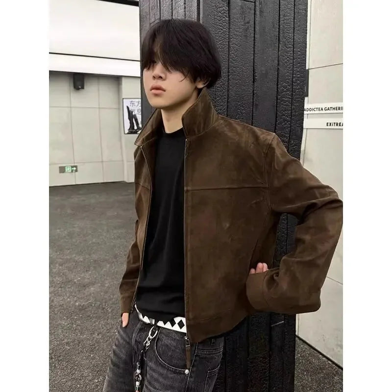 vintage leather jacket | distressed brown bomber | oversized lapel blazer | energy saving