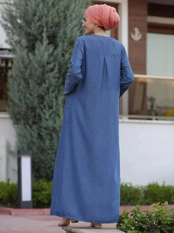 long sleeve denim dress | arabic style dress | zipper stitching details | ultrasonic cleaning