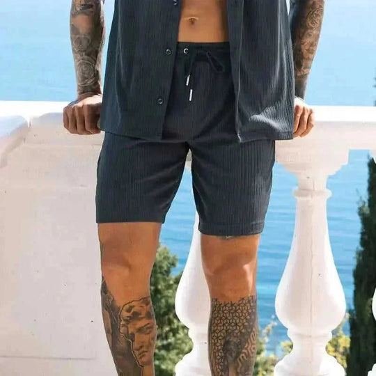 quick-dry fabric shorts set | linen blend summer suit | mens matching shirt shorts set | ultrasonic cleaning