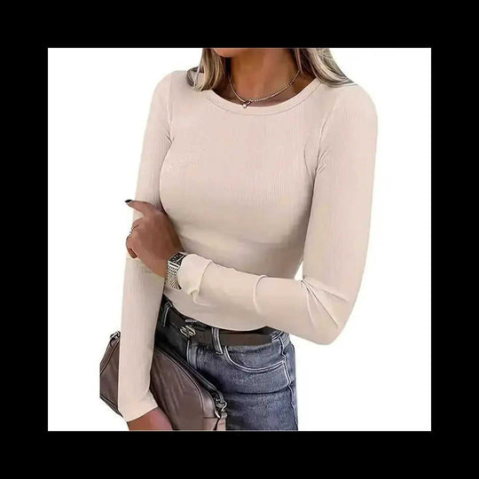 3 Pack Women's Long Sleeve Shirts, Crew Neck Ribbed Tops Slim Fit Casual Knit Tees Stretch Basic T Shirts - back view...