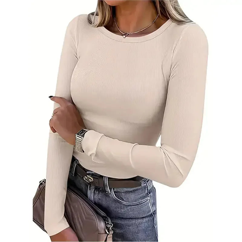 3 Pack Women's Long Sleeve Shirts, Crew Neck Ribbed Tops Slim Fit Casual Knit Tees Stretch Basic T Shirts Meifu Market