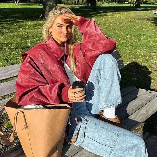 Loose Fashion Lapel Zip-up Jacket Cool Long Sleeve Zipper Closure Moto Biker Leather Jacket Womens Clothing Meifu Market