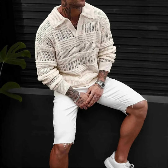 lightweight cotton knitwear | breathable hollow knit fabric | stretchable v-neck sweater | energy saving