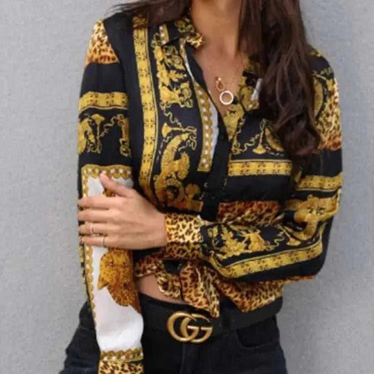 Elegant Print Loose Crop Shirt Ladies Button Down Shirt Yellow - size and dimension reference