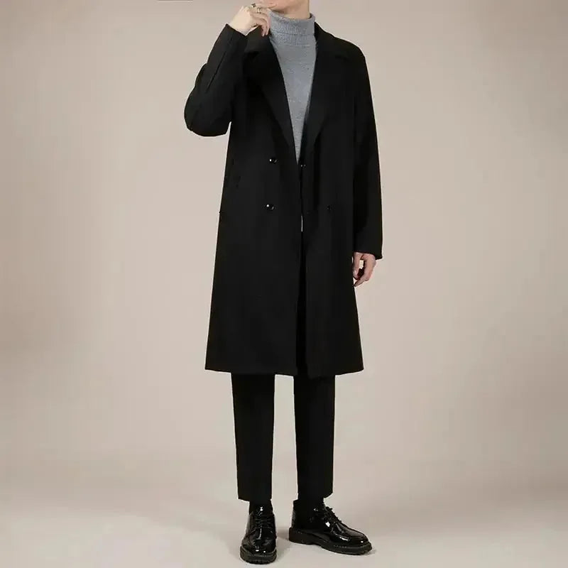 wool blend trench coat | mid-length winter coat | korean style overcoat | energy saving