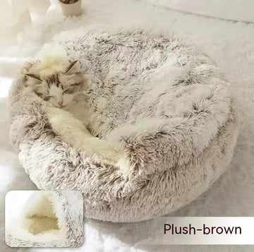 2 In 1 Dog And Cat Bed Pet Winter Bed Round Plush Warm Bed House Soft Long Plush Pets Bed Pet Products - round plush winter bed that keeps both cats and dogs warm