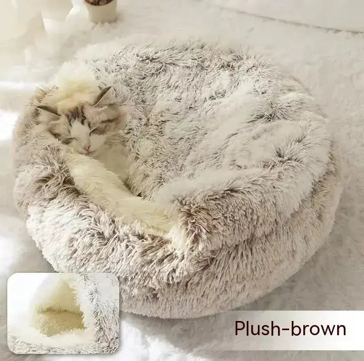 2 In 1 Dog And Cat Bed Pet Winter Bed Round Plush Warm Bed House Soft Long Plush Pets Bed Pet Products - round plush winter bed that keeps both cats and dogs warm