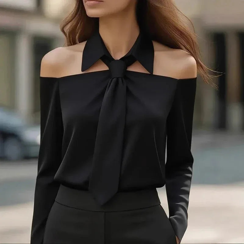 Women's Solid Color Long Sleeve Shirt With Tie And Lapel Collar, Casual & Elegant Blouse For Office And Formal Wear Meifu Market