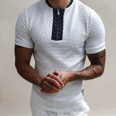 Striped Zip Polo — Men's Jacquard Stand-Collar Summer Shirt
