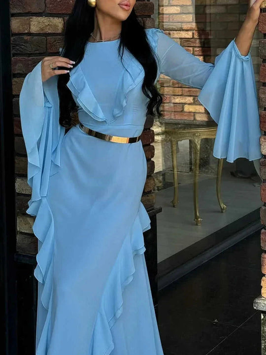 round neck ruffle sleeve maxi dress | chiffon long sleeve maxi dress | floor length evening gown | ultrasonic cleaning