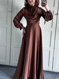 satin fabric maxi dress | plunge neckline long sleeve dress | strappy back evening gown | energy saving