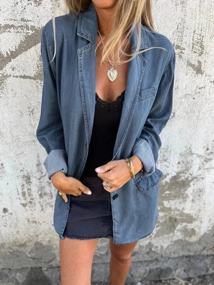 Lapel Shirt Jacket Ins Fashion Solid Color Long-sleeved Denim Top Autumn And Spring Casual Daily Streetwear Women's Clothing Meifu Market