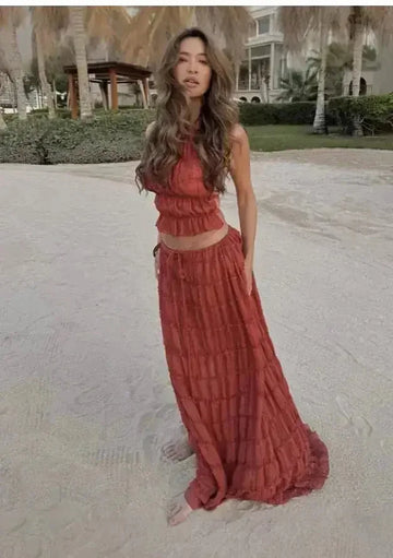 sexy backless halter top | pleated maxi skirt set | sleeveless cropped top | energy saving