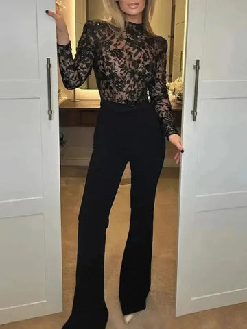 see-through lace jumpsuit | black lace long-sleeved romper | mesh panel trousers jumpsuit | ultrasonic cleaning